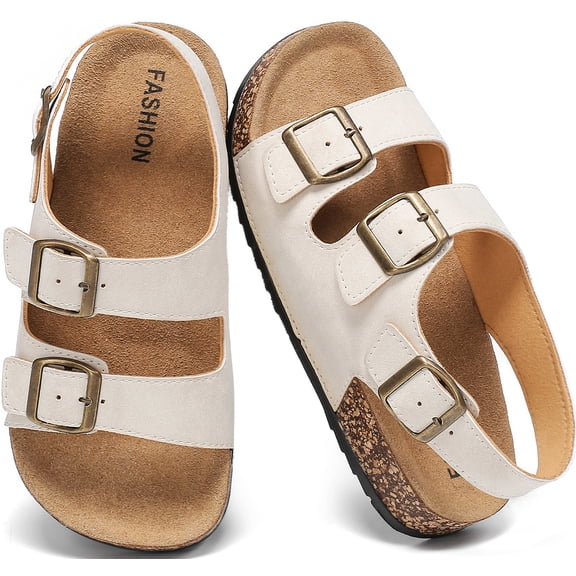 Lezzglt Kids Toddler Sandals with Cork Footbed, Non-Slip Slides for Boys Girls Double Buckle Slippers with Adjustable Back Strap, Comfort Water-Resistant Shoes