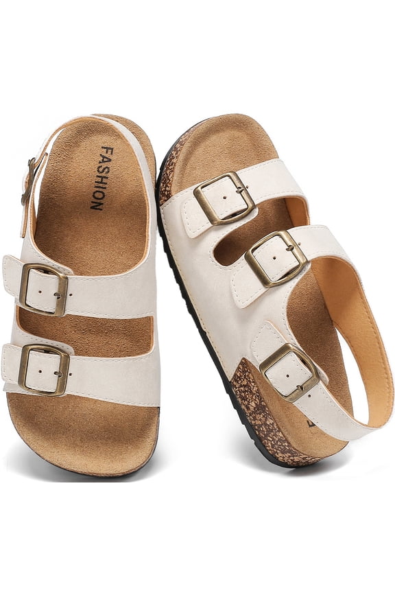 Kids Toddler Sandals with Cork Footbed, Non-Slip Slides for Boys Girls Double Buckle Slippers with Adjustable Back Strap, Comfort Water-Resistant Shoes