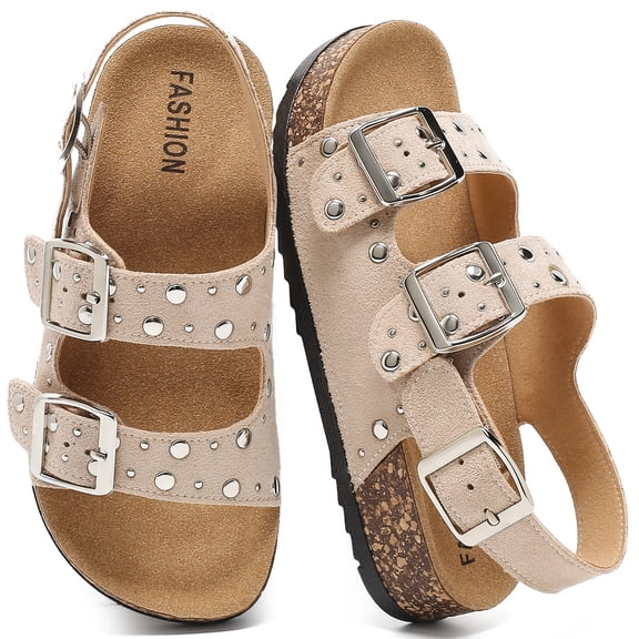 Lezzglt Women's Cork Footbed Studded Sandals, Adjustable Non-Slip Flat Slide Sandals with Back Strap for Summer Beach Shoes