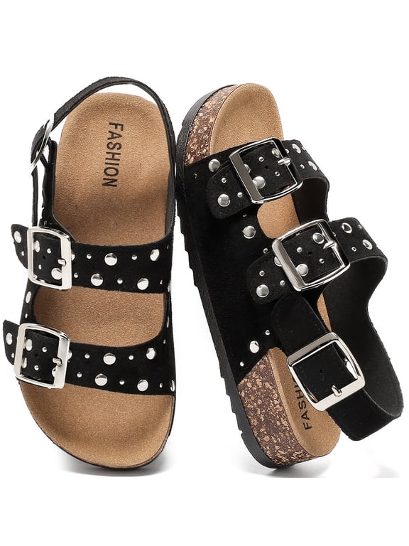 Women's Cork Footbed Studded Sandals, Adjustable Non-Slip Flat Slide Sandals with Back Strap for Summer Beach Shoes
