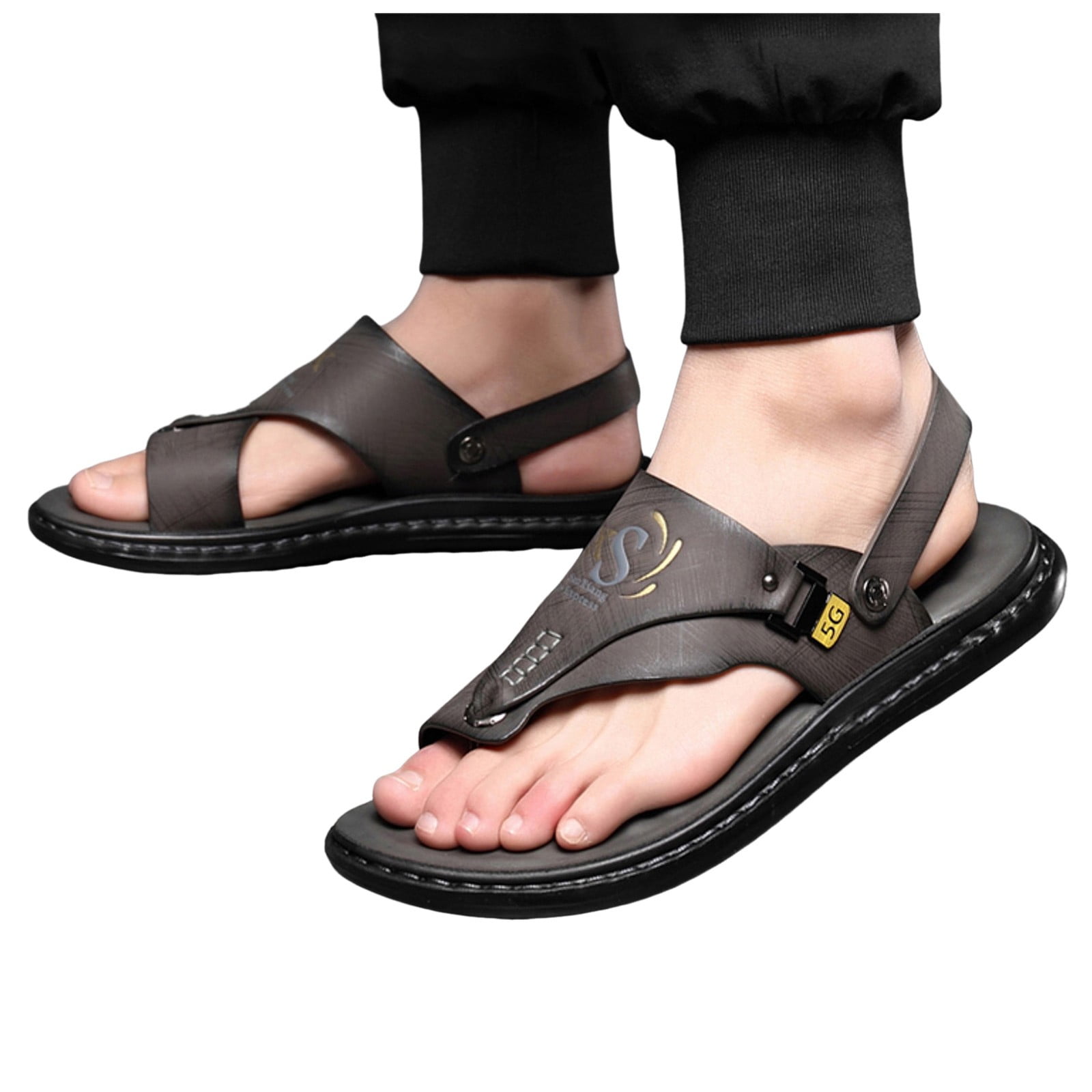 Sandals for Men with Back Strap Comfortable Beach Summer Leather Walking Flip Flops Orthopedic Slip on Slides