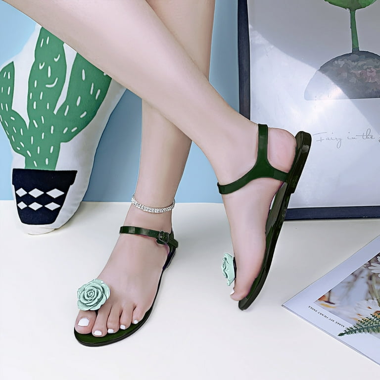 Sandals for Women 2024 Fashion Flower Crystal Jelly Clip Toe Beach Large Size Flat Transparent Sandals Green 40 Walmart
