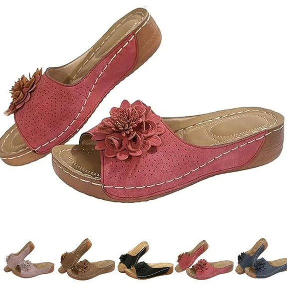 Sandals for Women 2025 Beach PU Leather Flower Wedge Sandals Orthopedic Arch Support Walking Slippers Slides
