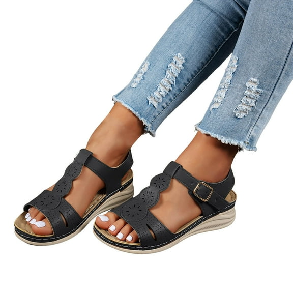 Sandals for Women 2025 Comfortable Wide Width Leather Peep Toe Ankle Strap Platform Wedge Work Sandals
