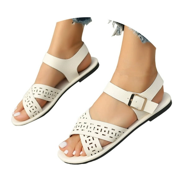 Sandals for Women 2025 Fashion Casual Leather Cross Band Ankle Strap Walking Flats Dress Sandals Ladies