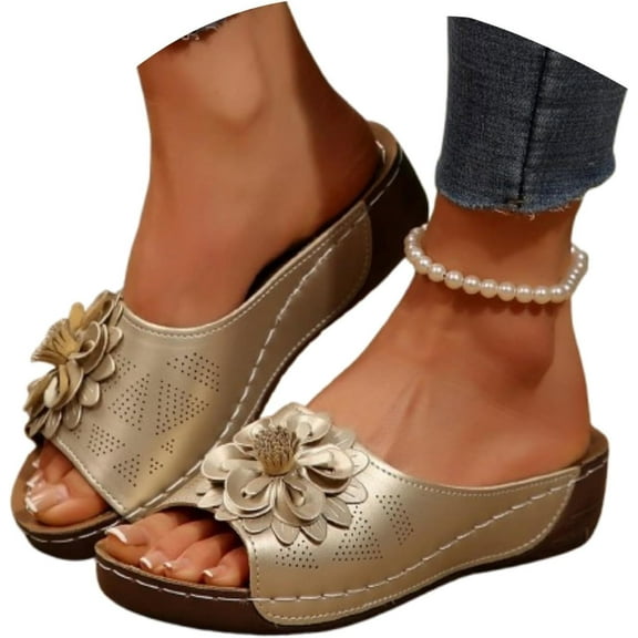Sandals for Women 2025 Flower Wedge Sandals Beach PU Leather Orthopedic Arch Support Slippers Walking Slides