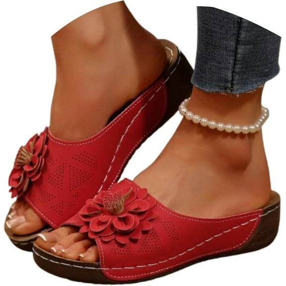 Sandals for Women 2025 Flower Wedge Sandals Beach PU Leather Orthopedic Arch Support Slippers Walking Slides
