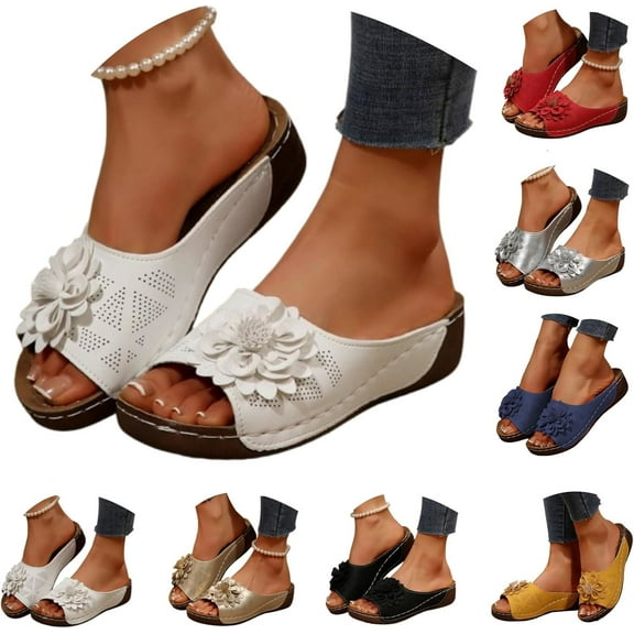 Sandals for Women 2025 Flower Wedge Sandals Beach PU Leather Orthopedic Arch Support Slippers Walking Slides
