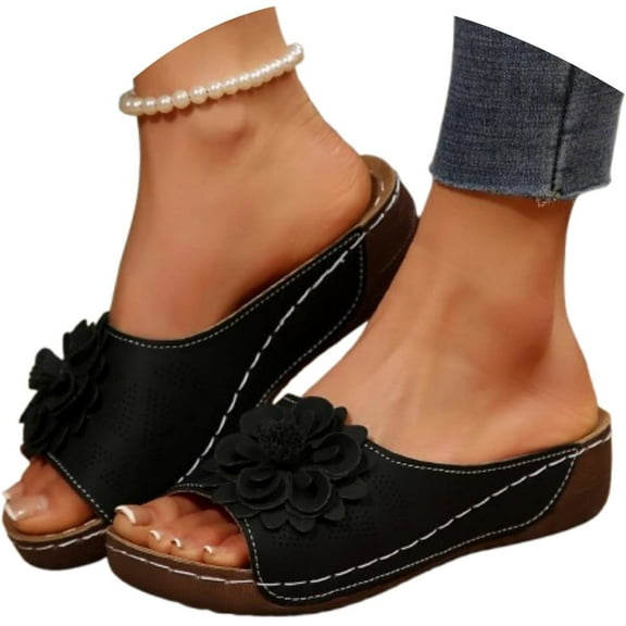 Sandals for Women 2025 Flower Wedge Sandals Beach PU Leather Orthopedic Arch Support Slippers Walking Slides