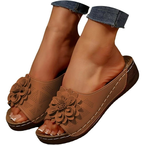 Sandals for Women 2025 Flower Wedge Sandals Beach PU Leather Orthopedic Arch Support Slippers Walking Slides