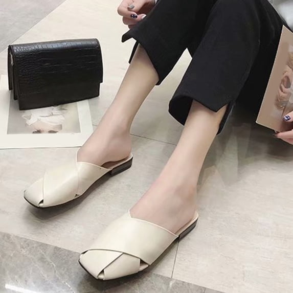 Sandals for Women 2025, Xunlbb Half Drag Women's Baotou Women's Shoes Casual Flat Low Heel Slippers(White,Size:35)