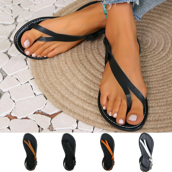 Sandals for Women 2025, Xunlbb Leather Thin Strap Flat Toe Clip Roman Sandals Beach Shoes(Black,Size:36)