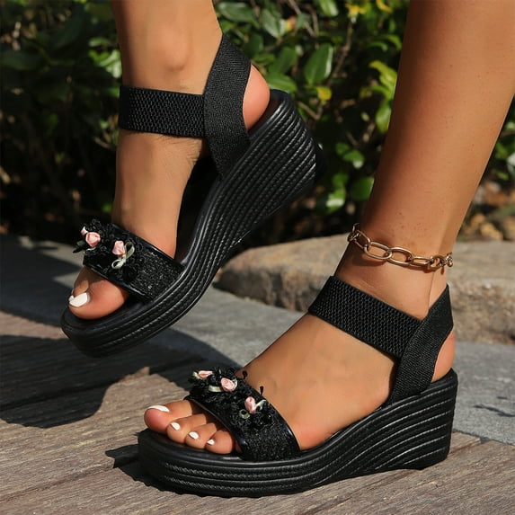 Sandals for Women 2025, Xunlbb Spring And Summer New Fish Mouth Broken Flower Beach Thick Bottom Elastic Set Foot With Wedge Sandals(Black,Size:36)