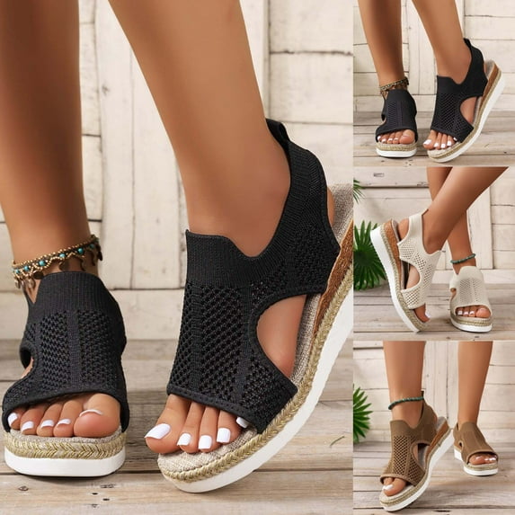 Sandals for Women 2025, Xunlbb Summer Big Size New Flying Woven Fish Mouth Beach Sandals Mesh Cloth Breathable Wedge Shoes(Black,Size:35)