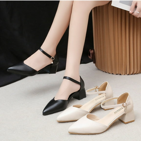 Sandals for Women 2025, Xunlbb Summer Mid-Heel One-Button Hollow Thick Heel High-Heeled Profession Shoes(Black,Size:35)