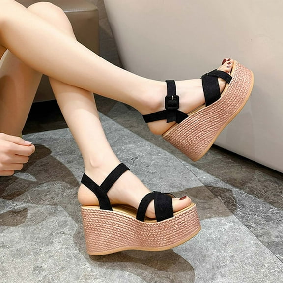 Sandals for Women 2025, Xunlbb Summer Plus-size New Muffin Wedge Suede Fish Mouth Sandals(Black,Size:35)