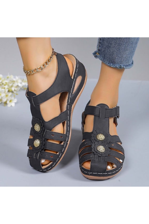 Sandals for Women 2025, Xunlbb Summer Women's New Large Size Flower Rhinestone Bowhead Hollowed-out Paste Buckle Casual Beach Sandals(Black,Size:36)