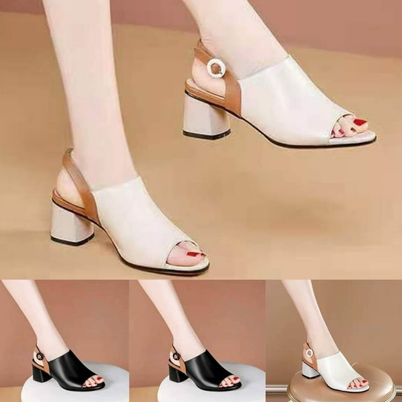 Sandals for Women 2025, Xunlbb Women's Color Blocked Button Out Versatile Thick Heeled Sandals Women's Sandals(Black,Size:35)