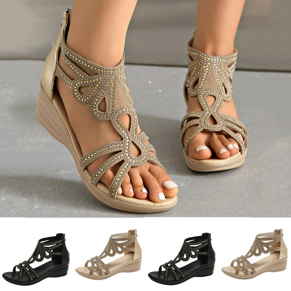 Sandals for Women 2025, Xunlbb Women's Fashion Casual Spring And Summer New Hollowfish Mouth Wedge Sandals(Black,Size:36)