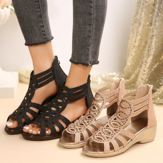 Sandals for Women 2025, Xunlbb Women's Fashion Casual Spring And Summer New Hollowfish Mouth Wedge Sandals(Black,Size:36)