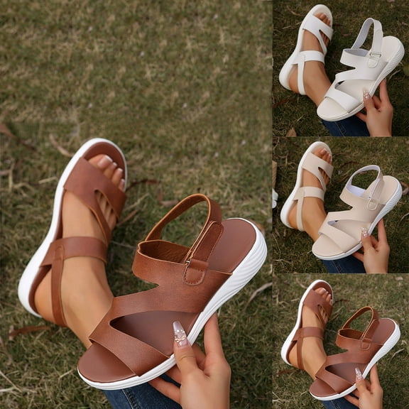 Sandals for Women 2025, Xunlbb Women's Fashion Casual Summer New Solid Color Outdoor Wear Beach Wedge Heel Flat Sandals(Beige,Size:36)