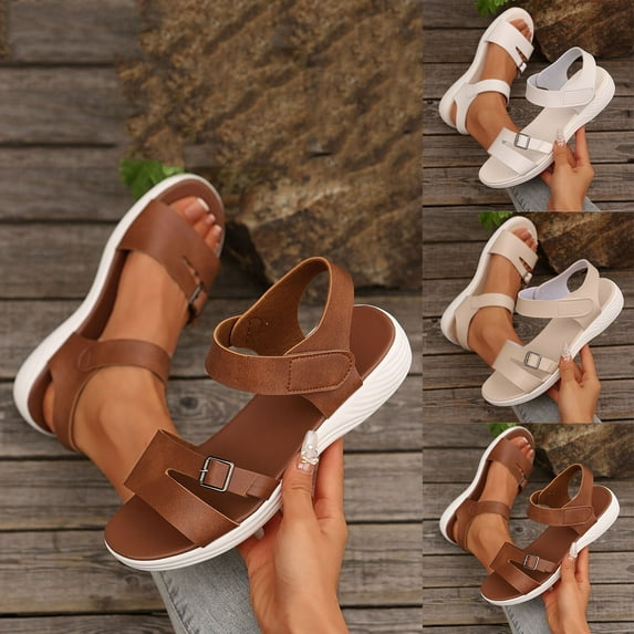 Sandals for Women 2025, Xunlbb Women's Fashion Casual Summer New Solid Color Outdoor Wear Beach Wedge Heel Flat Sandals(Beige,Size:36)