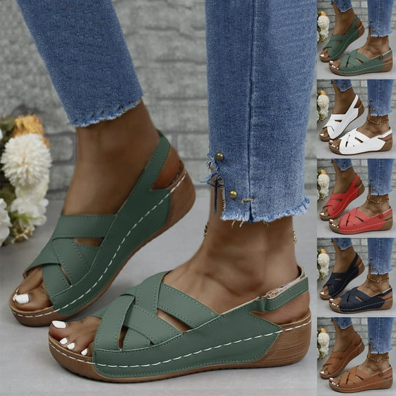 Sandals for Women 2025, Xunlbb Women's Fashion Casual Summer New Solid Color Wedge Heel Fish Mouth Strap Sandals(Black,Size:36)