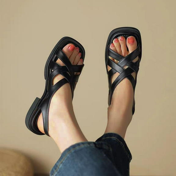 Sandals for Women 2025, Xunlbb Women's Fashion Casual Summer New Style Roman Solid Color Square Toe Flat Beach Sandals(Black,Size:35)