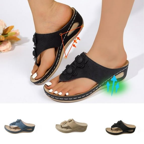 Sandals for Women 2025, Xunlbb Women's New Summer Plus-size Flower Hollowed-out One Line Wedge Comfortable Casual Beach Sandals(Black,Size:36)