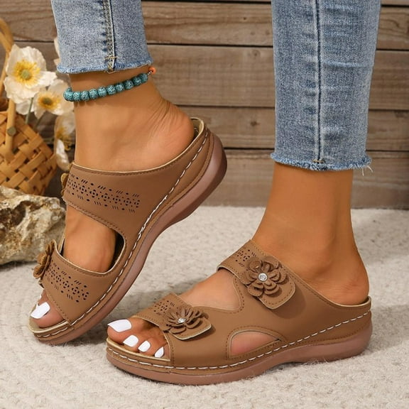 Sandals for Women 2025, Xunlbb Women's Plus Size Spring/summer Fashion Flower Fish Mouth Beach Chunky Heels Sandals(Brown,Size:37)