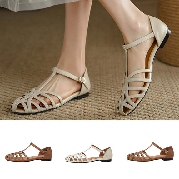 Sandals for Women 2025, Xunlbb Women's Retro Plus-size Literary Style Hollow Bow-head Hollow Clasp Flat Sandals(Beige,Size:35)