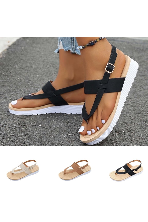 Sandals for Women 2025, Xunlbb Women's Summer New Big Size Casual Herringbone Wide Strap Toe Strap Pigmented Flat Sandals(Black,Size:36)