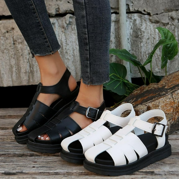 Sandals for Women 2025, Xunlbb Women's Summer New Large-size Openwork Roman Sandals Vintage One-line Buckle Sandals(Black,Size:35)
