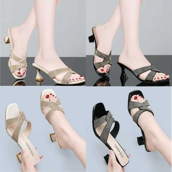 Sandals for Women 2025, Xunlbb Women's Summer New Plus-size Rhinestone Hollowed-out Chunky One-line Sandals(Black,Size:35)