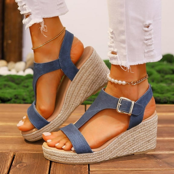 Sandals for Women 2025, Xunlbb Women's Summer Size Casual High Heel Clasp Fish Mouth Sandals(Blue,Size:35)