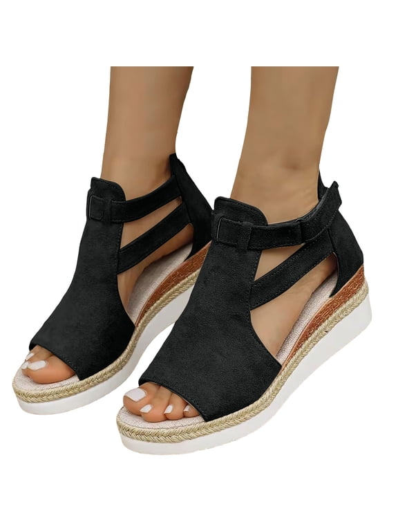 Sandals for Women 2026 Comfortable Wedge Platform Braided Espadrilles Open Toe Heels Back Zipper Beach Summer Shoes Black Size 7