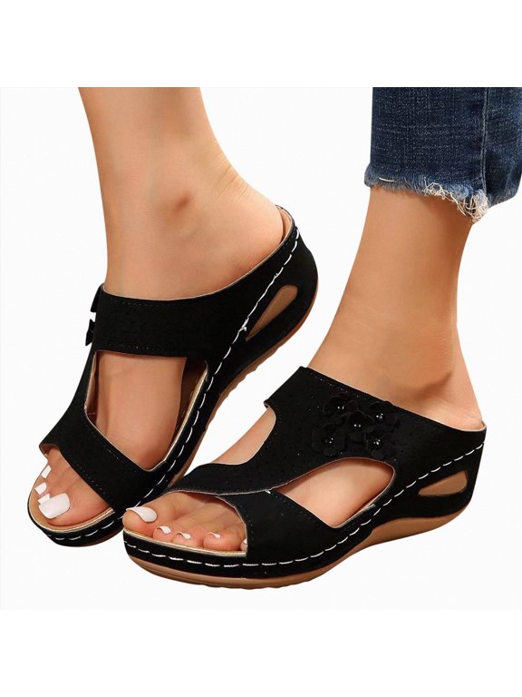 Sandals for Women 2026 Slingback Slides Orthopedic Summer Casual Dressy Arch Support Platform Wedge Slippers Beach Vacation Shoes 2-Black Size 5.5