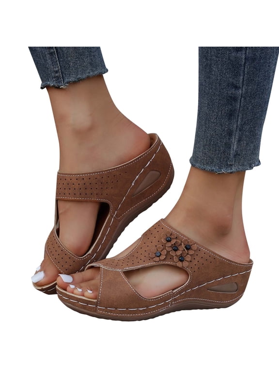 Sandals for Women 2026 Slingback Slides Orthopedic Summer Casual Dressy Arch Support Platform Wedge Slippers Beach Vacation Shoes 2-Brown Size 5.5