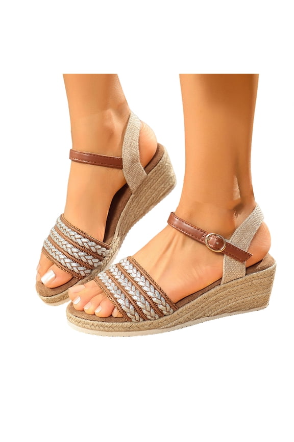 Sandals for Women 2026 Wedge Platform Espadrilles Trendy Braided Band Peep Toe Canvas Summer Beach Shoes Brown Size 9.5