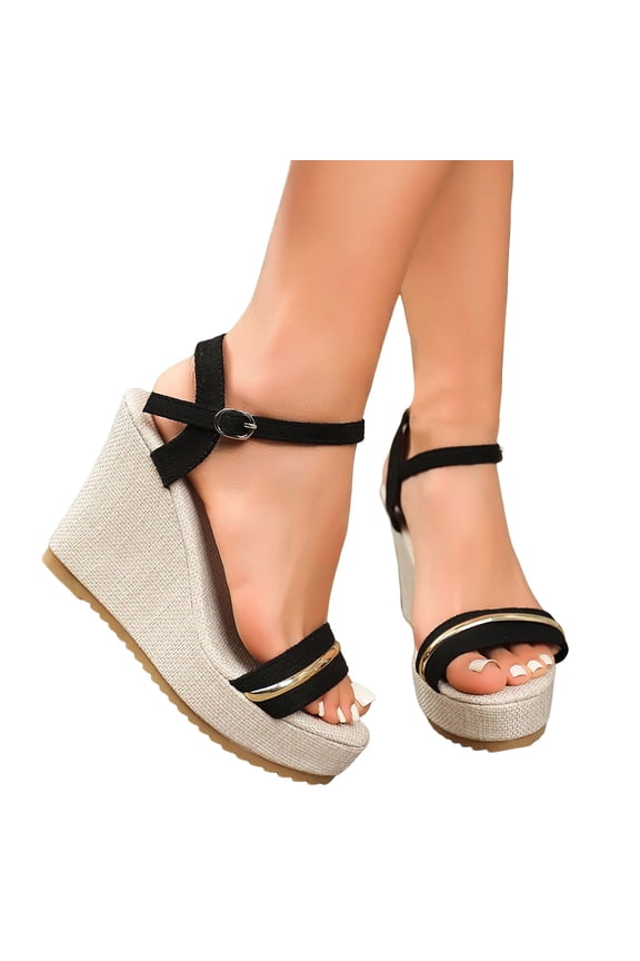 Sandals for Women Ankle Strap Platform Wedge High Heels Backless Espadrilles Comfortable Rubber Sole Non Slip Summer Dress Shoes Black Size 9