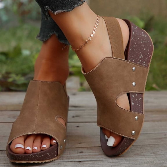 Sandals for Women Clearance, Xunlbb Women's Summer Plus-size Vintage Solid Color Wedge Heel Fish Mouth Sandals(Khaki,Size:41)