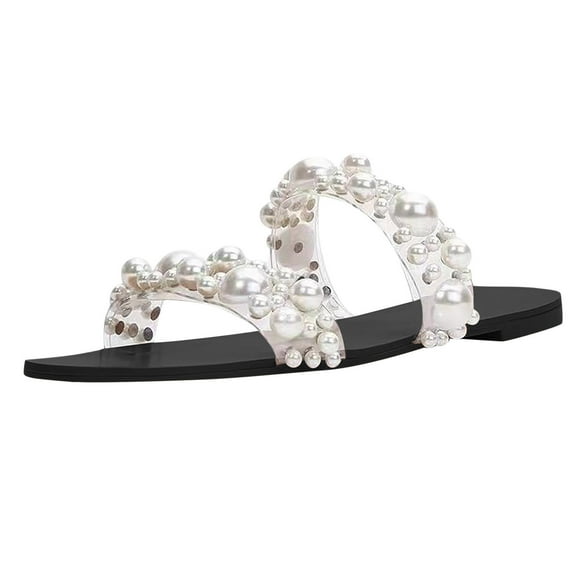 Sandals for Women Dressy Pearls Two Strap Flats Slides Summer Casual Slip On Slippers Fashion Indoor Outdoor Beach Walking Shoes