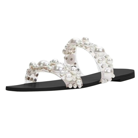 Sandals for Women Dressy Pearls Two Strap Flats Slides Summer Casual Slip On Slippers Fashion Indoor Outdoor Beach Walking Shoes