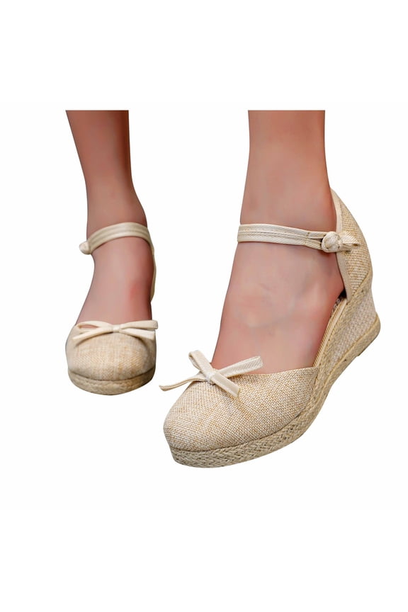 Sandals for Women Dressy Summer Ankle Strap Closed Toe Wedge Dressy Platform Slip on Espadrilles Bow Casual Shoes Beige Size 7.5