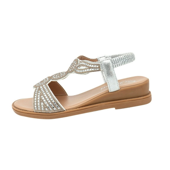 Sandals for Women Dressy Summer Flat Casual Summer Rhinestone Beaded Sparkly Bling Bohemian Flower Sandal Comfortable Elastic Ankle Strap Beach Shoes