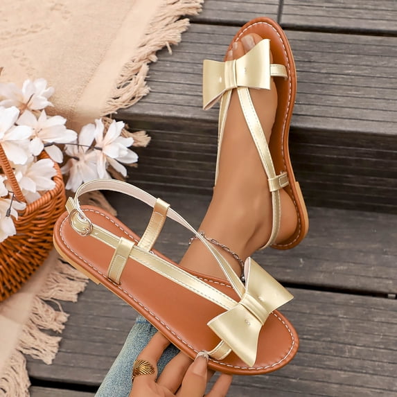 Sandals for Women Fashionable Casual Spring Summer Round-Headed Open-Toe Back Elastic Golden Bow Flat Sandals 38(6.5)