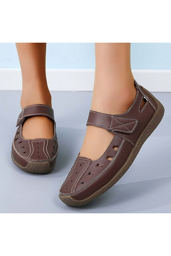 Sandals for Women Flat Closed Toe Slip On Hook and Loop Single Shoes Summer Dressy Fashion Faux Leather Casual Shoes Coffee Women Sandal