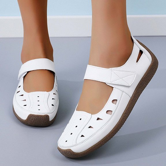 Sandals for Women Flat Closed Toe Slip On Hook and Loop Single Shoes Summer Dressy Fashion Faux Leather Casual Shoes White Women Sandal