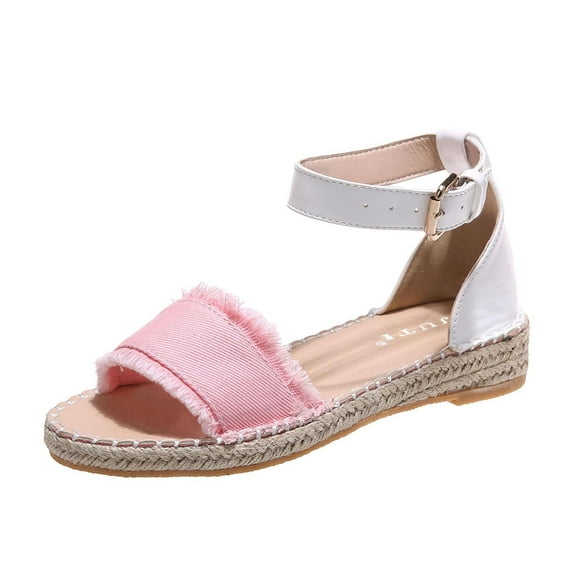 Sandals for Women Flat Denim Cloth Band Open Toe Sandal Buckle Ankle Strap Espadrille Sandals Vacation Beach Shoes