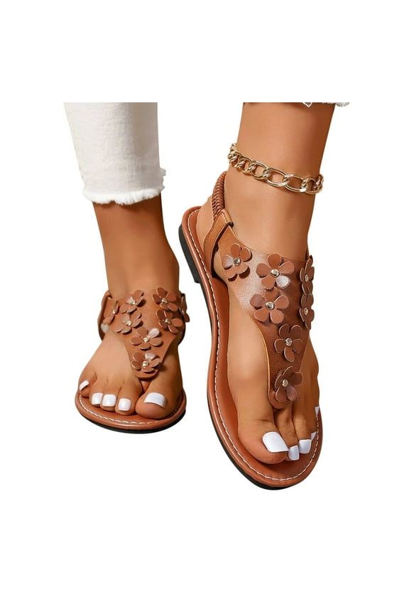 Sandals for Women Glamorous Outdoors T-strap Flat Sandals Women Flower Decor Toe Post Thong Sandals